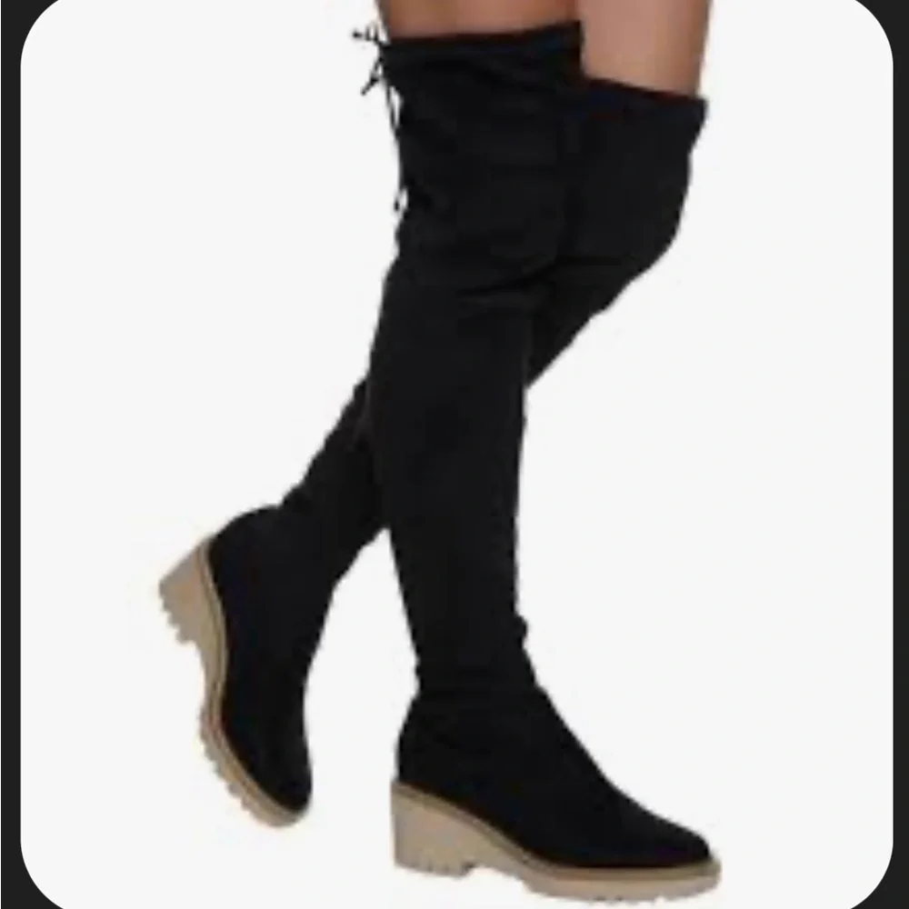 Black Over-the-Knee Wedge Boots with Tan Lug Sole Tie for An Adjustable Top NB